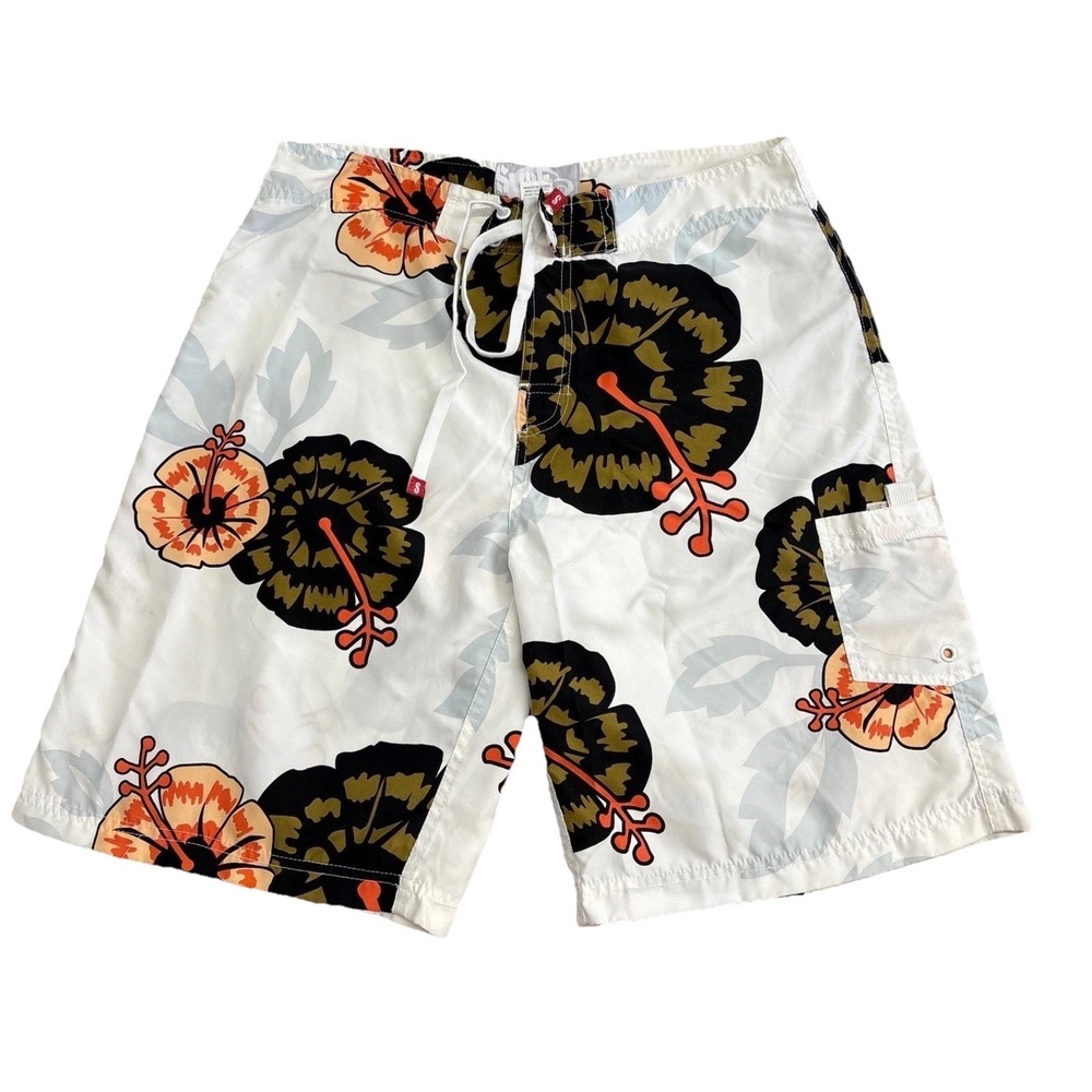 Surf Mentality Mens Board Shorts White Tropical Floral Swim Trunks Large B-3137A